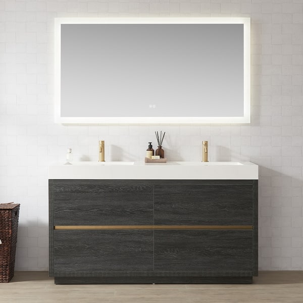 Eviva Luxurious 60 in. W x 22 in. D x 26 in. H Floating Bath Vanity in Gray Oak with White Tempered Glass Top