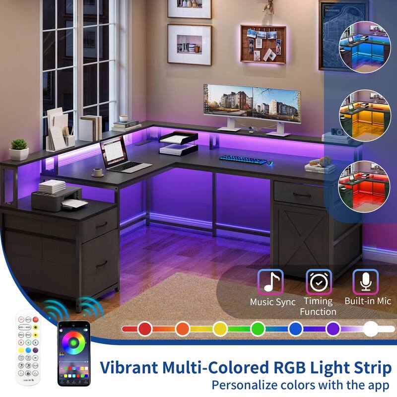 Moasis 63" Corner L Shaped LED Computer Desk with Drawers & Power Outlets