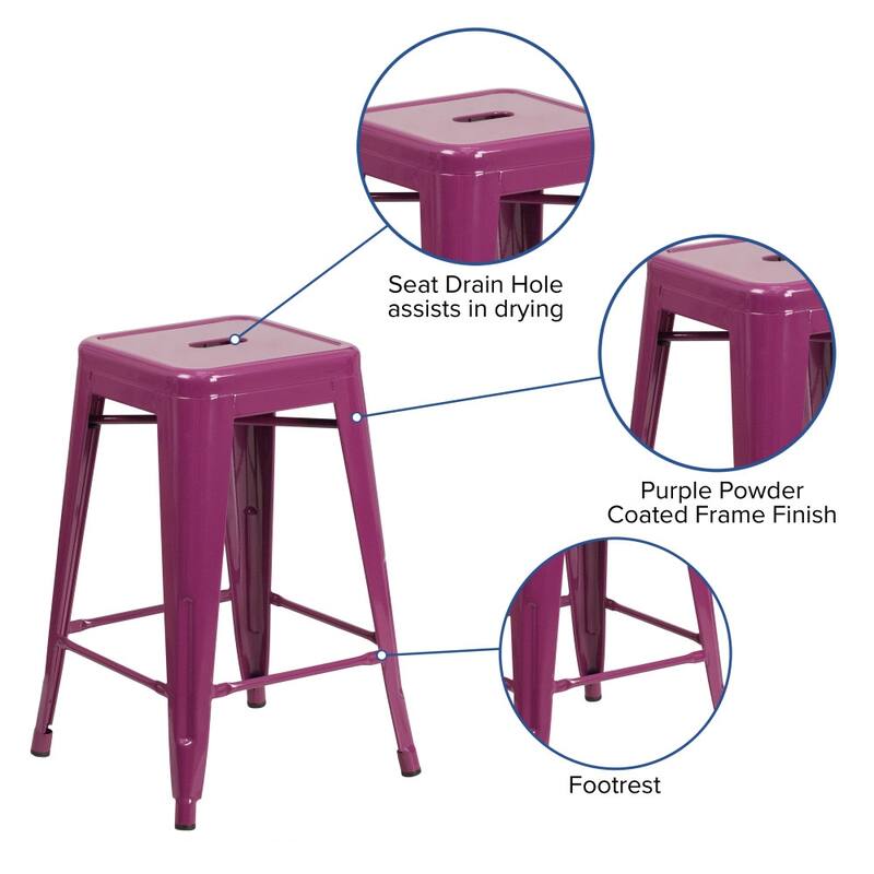 24" High Backless Metal Indoor-Outdoor Counter Height Stool w/Square Seat