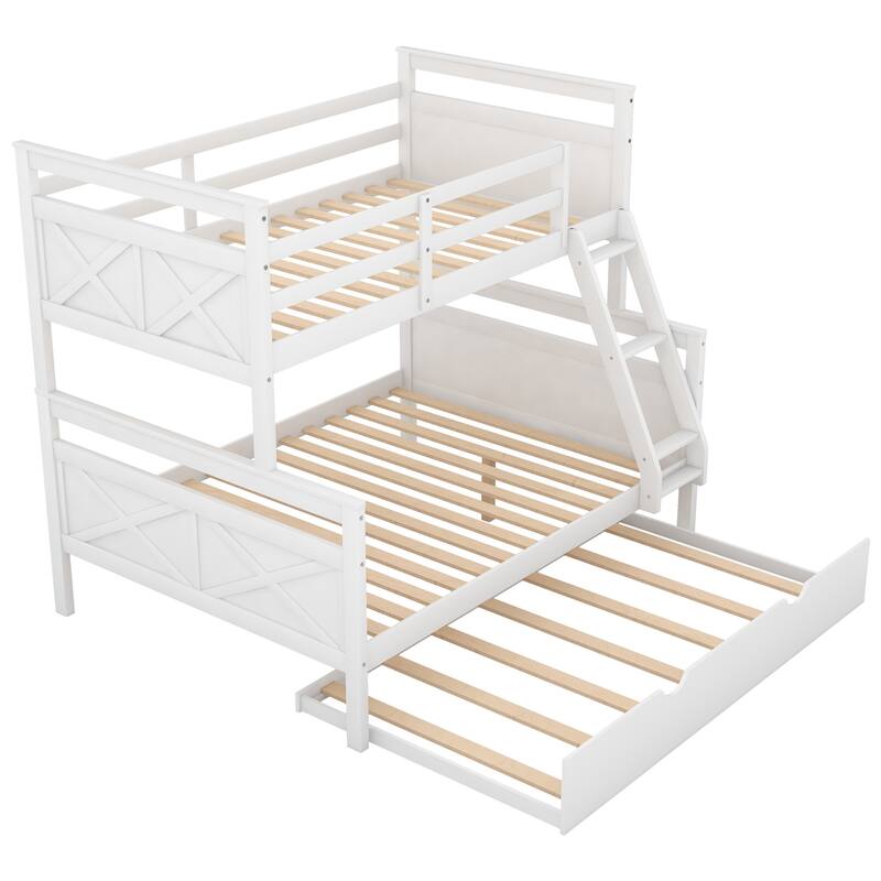 Twin over Full Bunk Bed with Ladder, Twin Size Trundle, Safety Guardrail, White and Grey