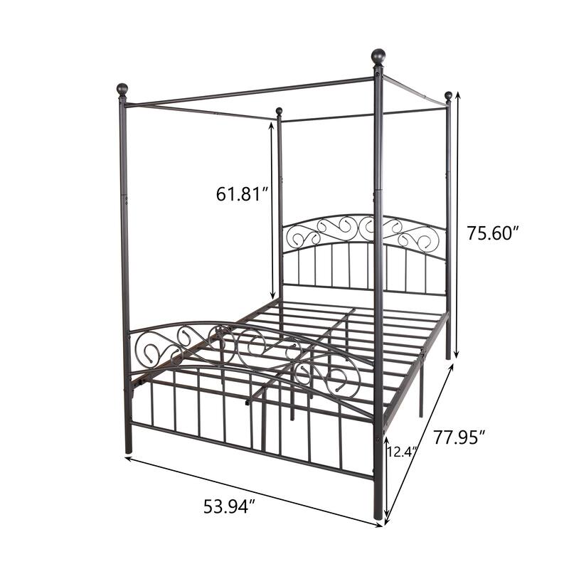 Metal Canopy Bed Frame with Ornate European Style Headboard & Footboard