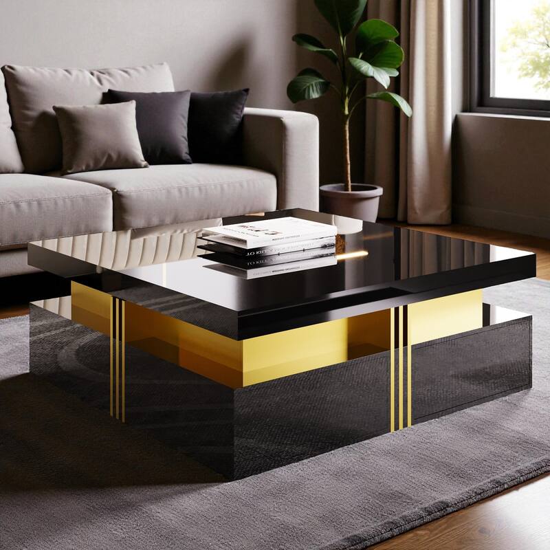 43.3" Modern Glossy Square Coffee Table with 4 Storage Drawers, High Gloss MDF Center Table for Living Room
