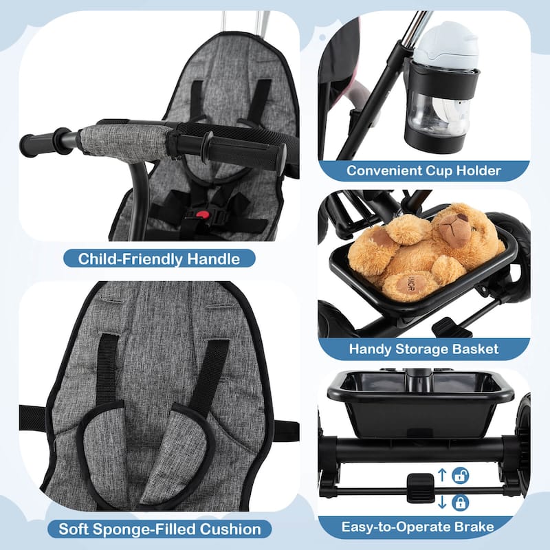 Costway Toddler Tricycle, 7 in 1 Push Trike with Adjustable Canopy