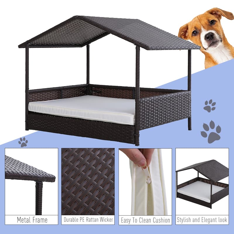 PawHut Wicker Dog House Raised Rattan Bed for Indoor/Outdoor