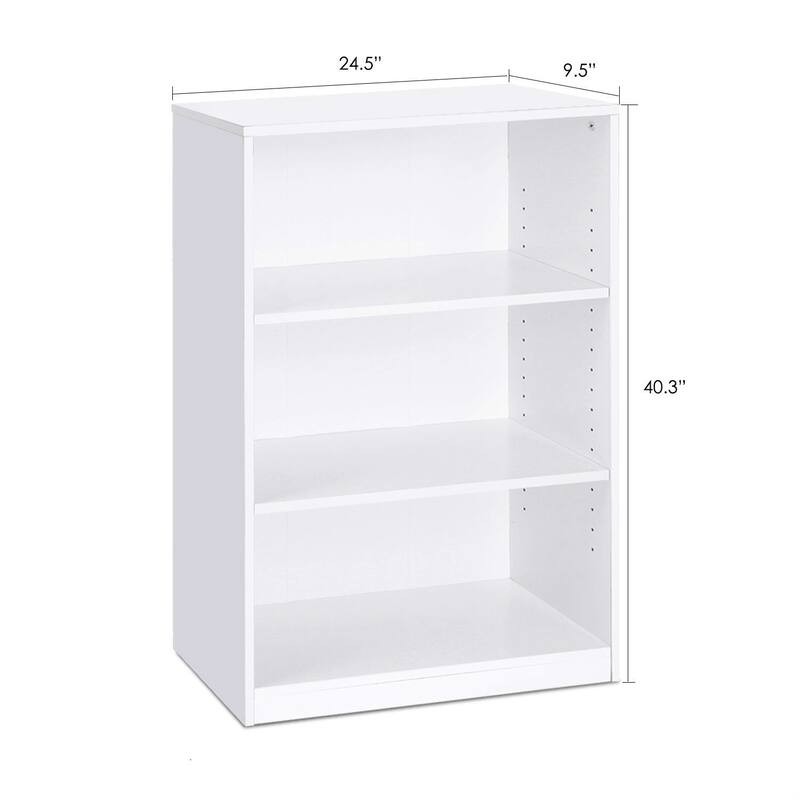 Modern 3-Shelf Bookcase in White Wood Finish - 9.5"D x 24.5"H x 40.3"W