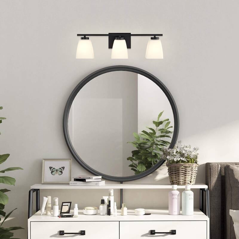 Brushed Nickel/Matte Black/Gold Modern 3-Light Vanity Light with Square Etched White Glass Shades