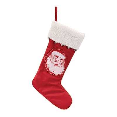23"H Polyester Festive Red and White Santa Face Christmas Stocking with Jingle Bells for Holiday Fireplace Decor