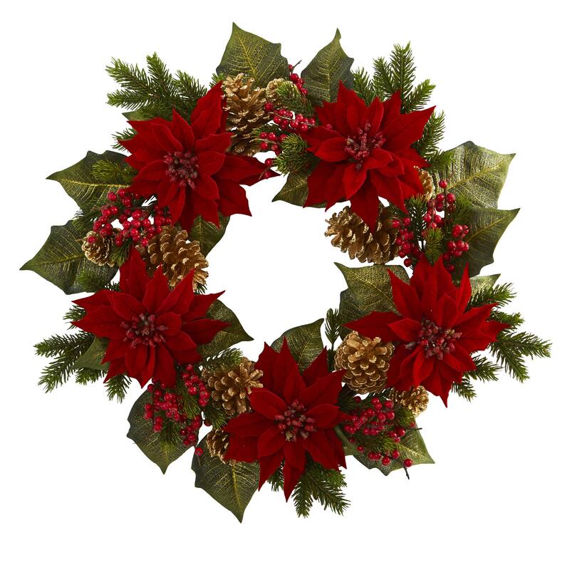 Poinsettias, Berries, & Pinecones Artificial Christmas Wreath, 24-"