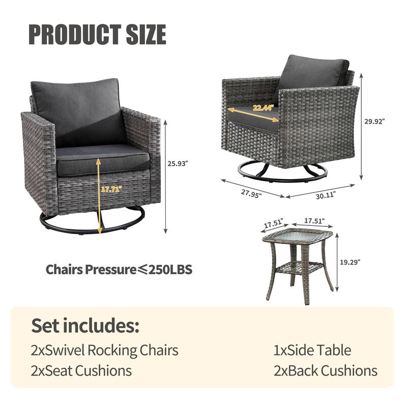 OVIOS 3-piece Patio Wicker Swivel Rocking Chairs Set