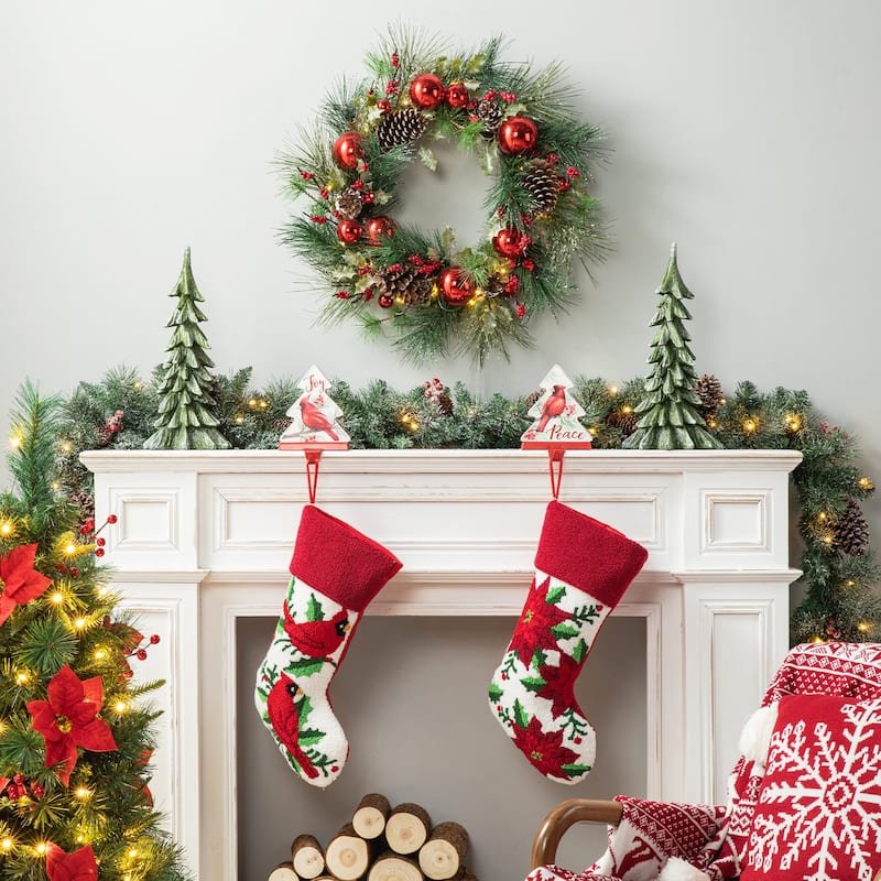 Glitzhome 24"D Lit Frosted Ball Berry Holly Pine Pinecone Wreath With Lights