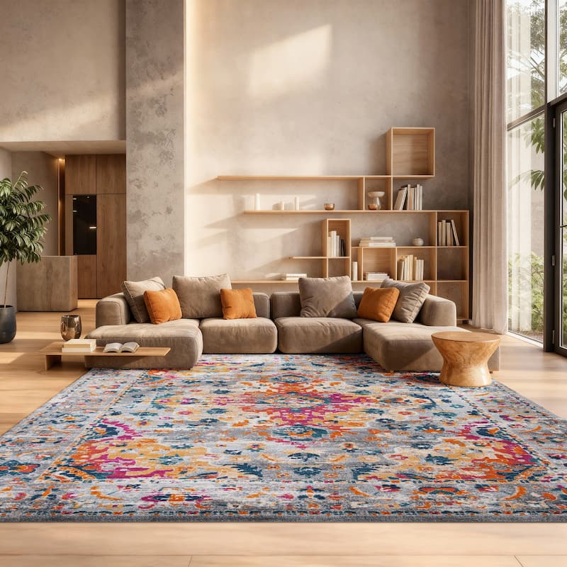 SAFAVIEH, Madison Jovita Vintage Boho Oriental Medallion Rug - 8' x 10' - Grey/Fuchsia