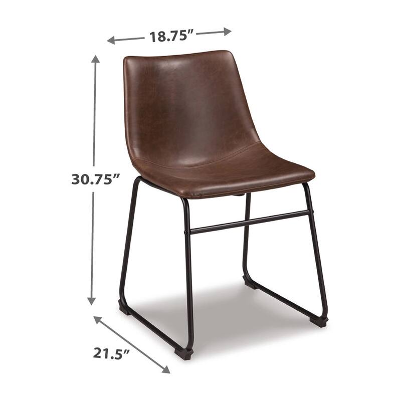 Tia Dining Chair Set of 2, Brown Faux Leather, Bucket Seat, Metal