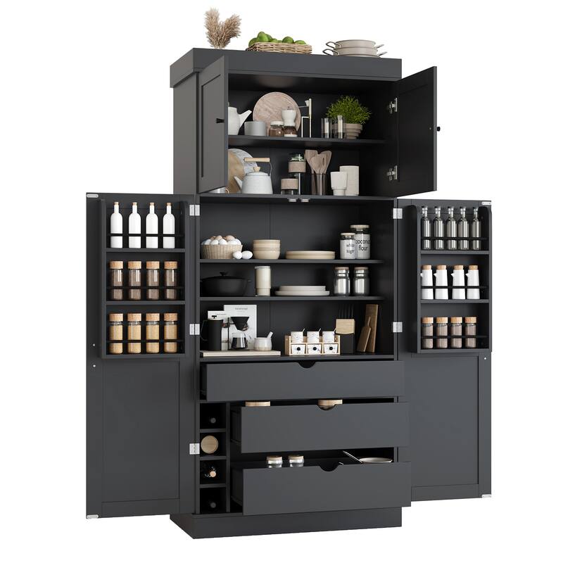 77" Tall Modern Shaker Kitchen Pantry with Wine Rack, Freestanding Storage Cabinet with Drawers & Door Shelves