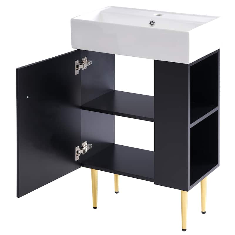 21.6" White Bathroom Vanity with Side Storage, Ceramic Undermount Sink, Soft-Close Door, and Elegant Golden Handle