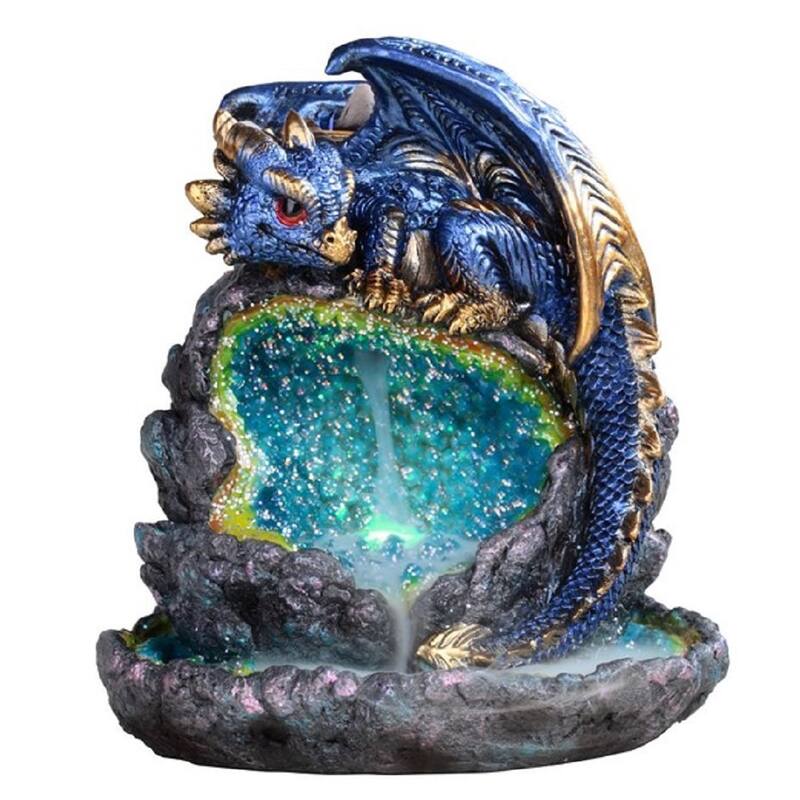 Q-Max 5.5"H Blue Dragon Guarding Crystal Cave Backflow Incense Burner with LED Light Faux Gemstone Incense Holder