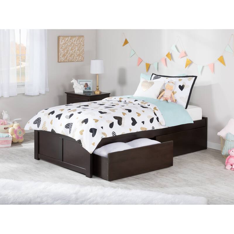 Concord Twin XL Platform Bed with Footboard and 2 Drawers in Espresso - Brown - Twin XL