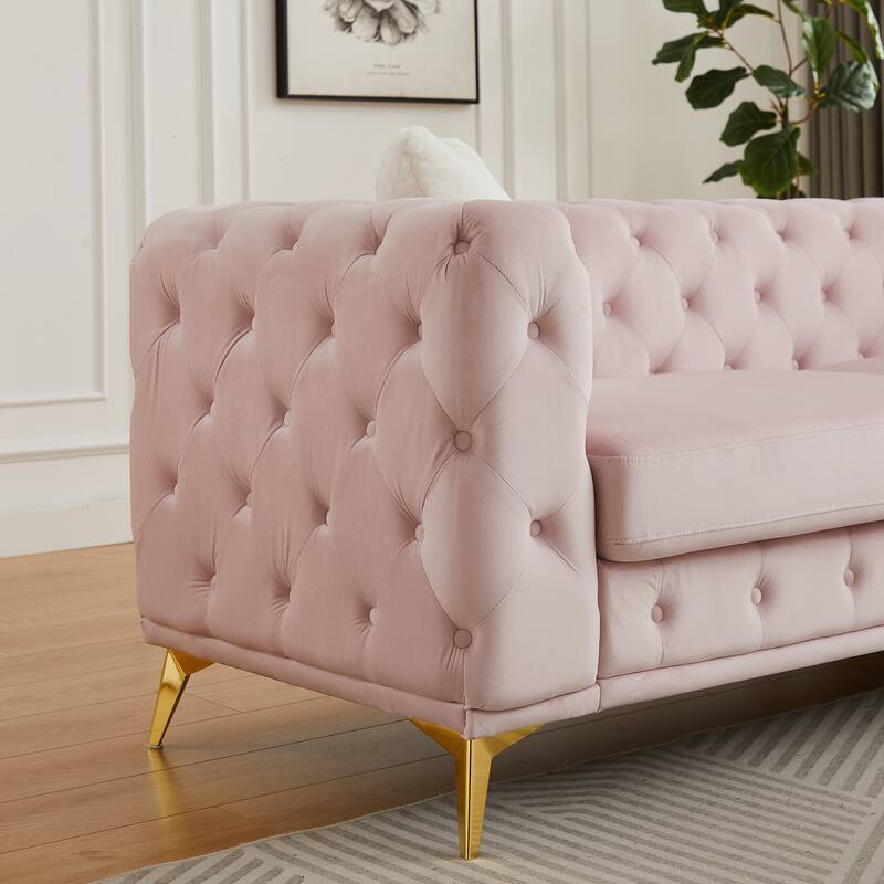 Velvet Chesterfield Loveseat Sofa, Tufted Button Upholstered 2 Seater Sofa, Lounge Sofa Chair with 2 Pillows & Metal Legs