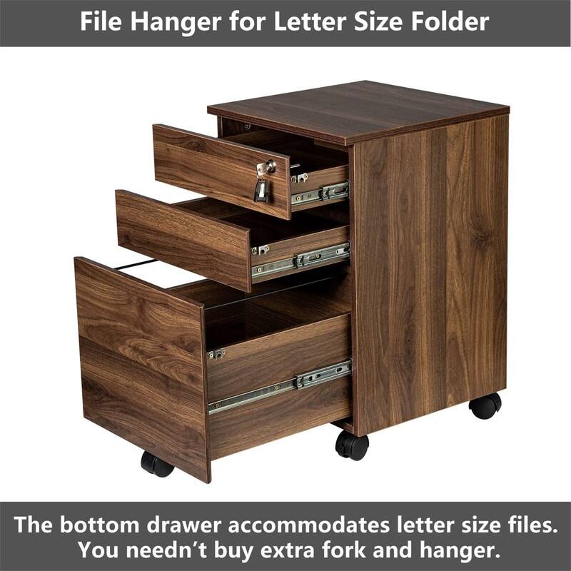 3 Drawers Wood Mobile File Cabinet - 15.7"D x 16.3"W x 24.4"H