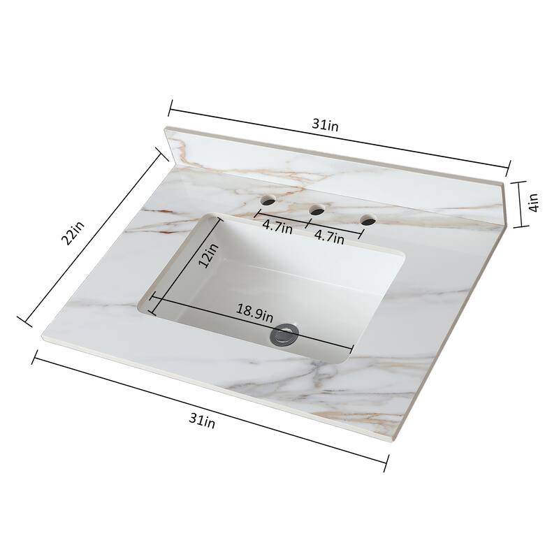31 Inch Marble Vanity Top,Bathroom Vanity Top with Undermount Rectangular Middle Sink and 4 Inch Height Backsplash