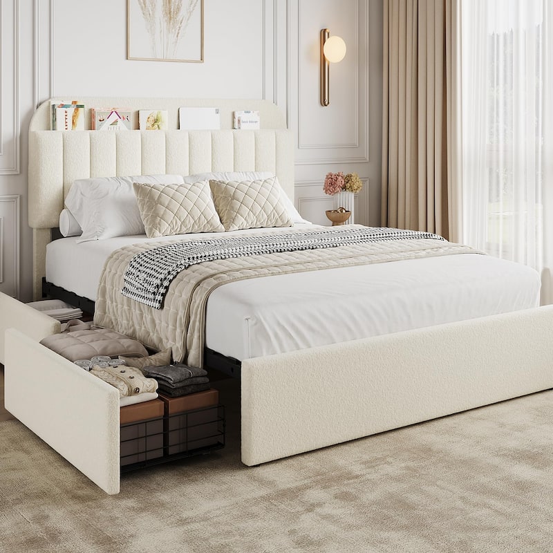 Twin XL/Queen Bed Frame with 2 Flexible Drawers and Bookcase Headboard, Boucle Upholstered Platform Bed for Boys/Girls - Queen - Beige