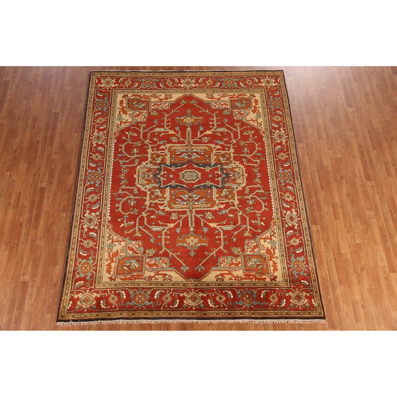 Medallion Heriz Serapi Indian Area Rug Hand-Knotted Floral Wool Carpet - 7'11" x 9'10"
