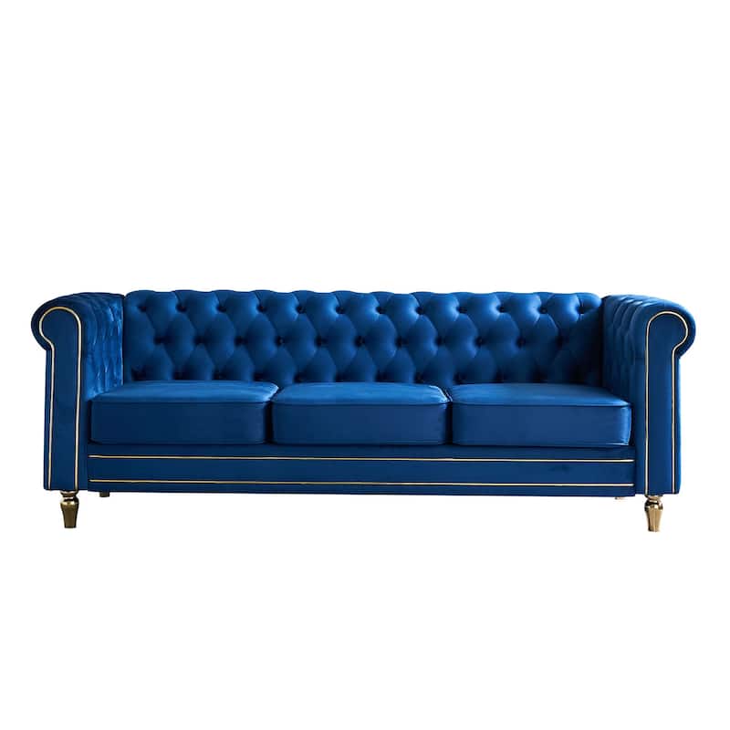 Rolled Arm Chesterfield Velvet Sofa - 84.65" High-Density Foam, Electroplated Legs - Elegant Living Room Accent