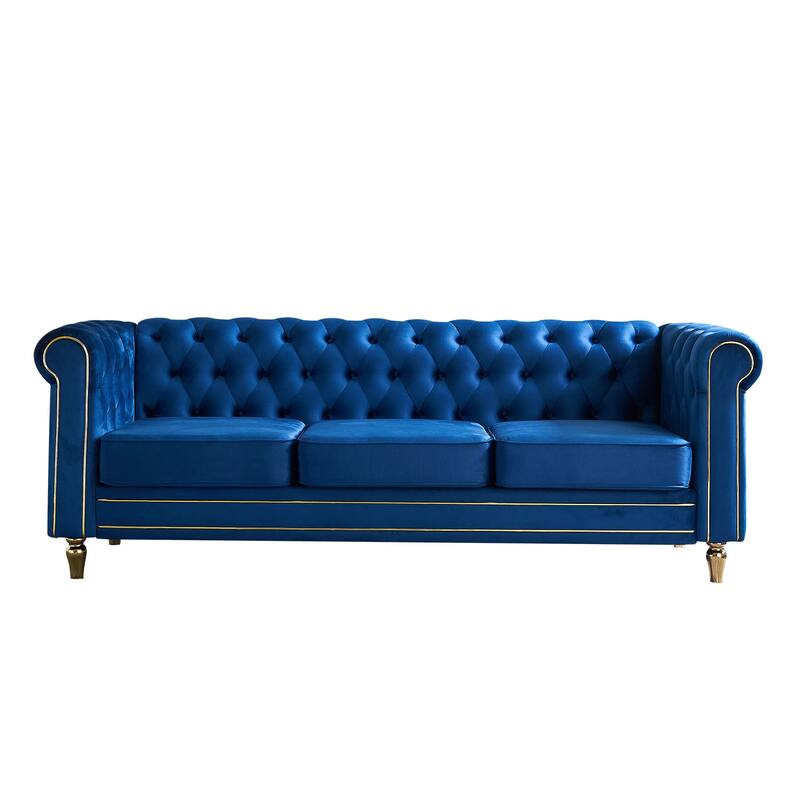 Velvet Chesterfield Sofa, 3-Seater with Rolled Arms, Tufted Back, Metal Legs for Living Room