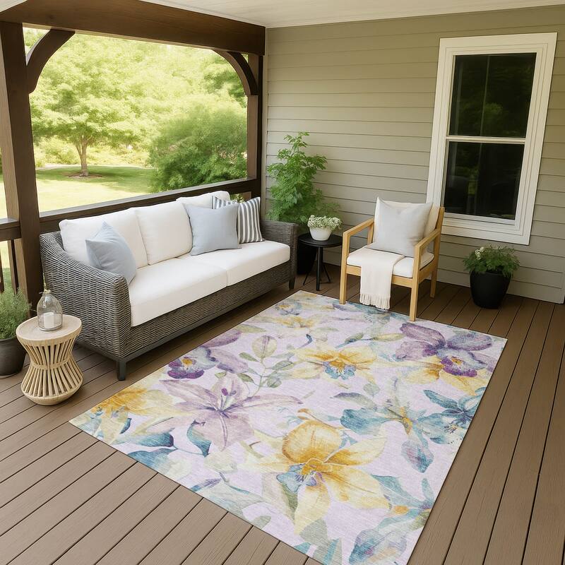 Machine Washable Indoor/ Outdoor Modern Floral Chantille Rug - Lavender - 5' x 7'6"