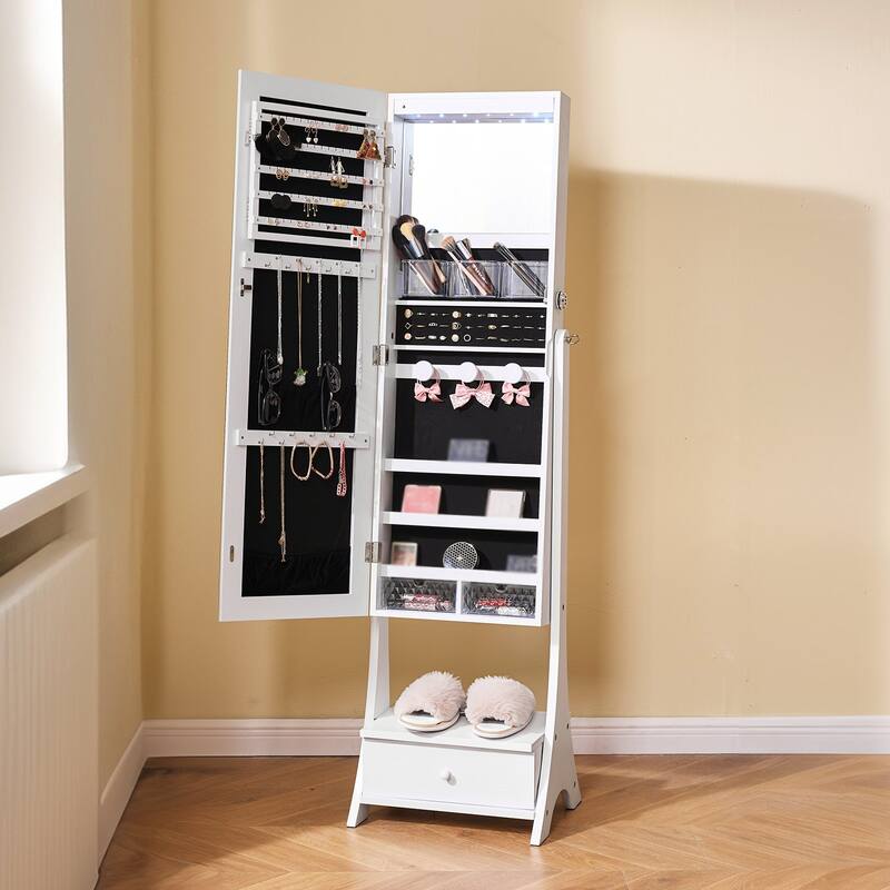 Full-Length Standing Mirror with Lockable Jewelry Cabinet Velvet Lining and Rotating Earring Holder
