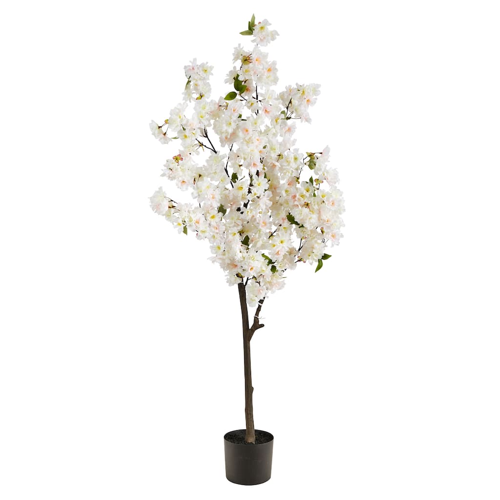 5' White Cherry Blossom Artificial Tree in Black Pot