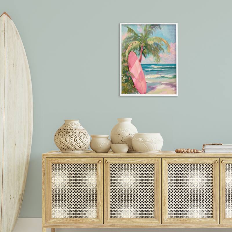 Stupell Pink Surfboard on Beach Framed Giclee Art Design By Arlington Prints