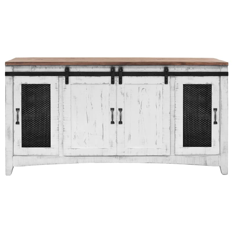 HomeRoots 68" White Solid Wood Cabinet Enclosed Storage Distressed TV Stand - 67.75' X '34.75' X '19