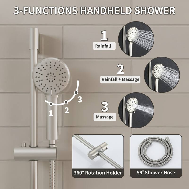 4-Spray Wall Mount Dual Fixed and Handheld Shower Head with Slide Bar and Tub Spout, Valve included