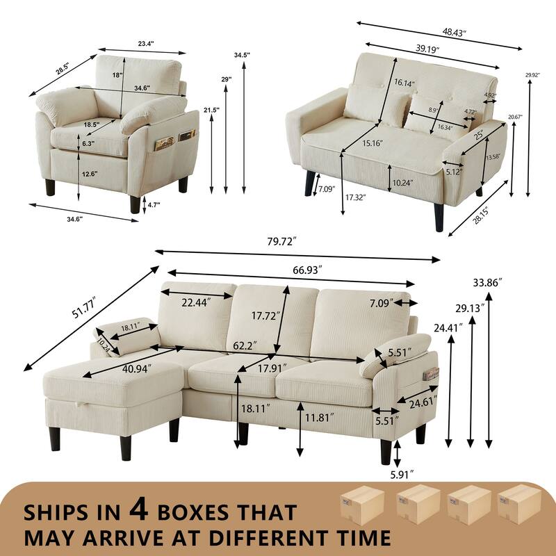 4-Piece Living Room Sectional Sofa Set with Loveseat and Chair