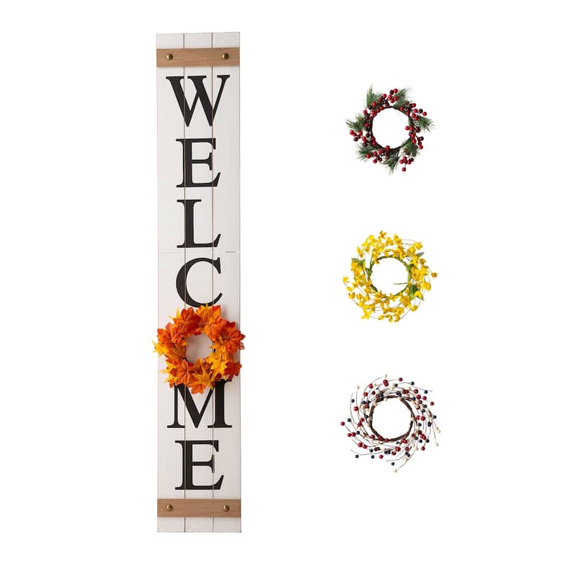 Glitzhome 60"H Wooden Welcome Porch Sign with 4 Floral Wreaths for Fall Halloween Thanksgiving Christmas Decoration