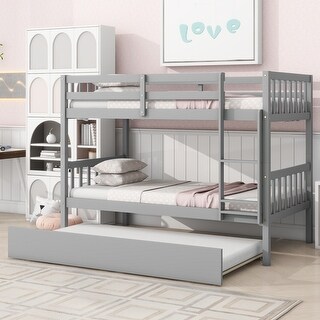 Functional Design Rubber Wood Bunk Bed with Twin Trundle, Ladder and Safety Guardrails, Twin Over Twin, Grey