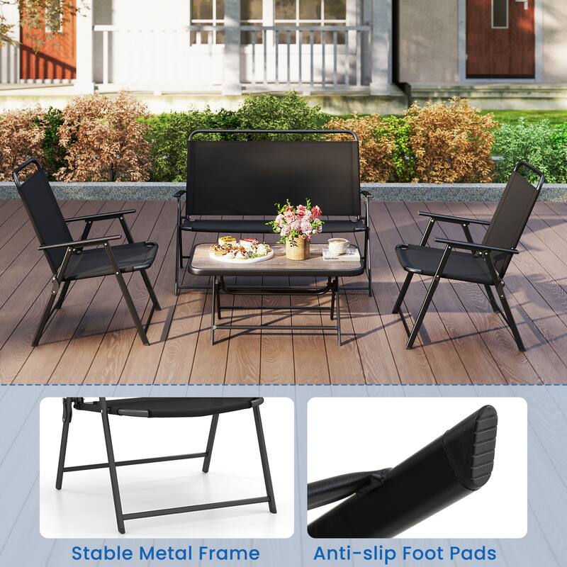 4-Piece Outdoor Foldable Furniture Set with Metal Frame Chairs and Coffee Table for Poolside and Backyard - 35" x 20" x 16"