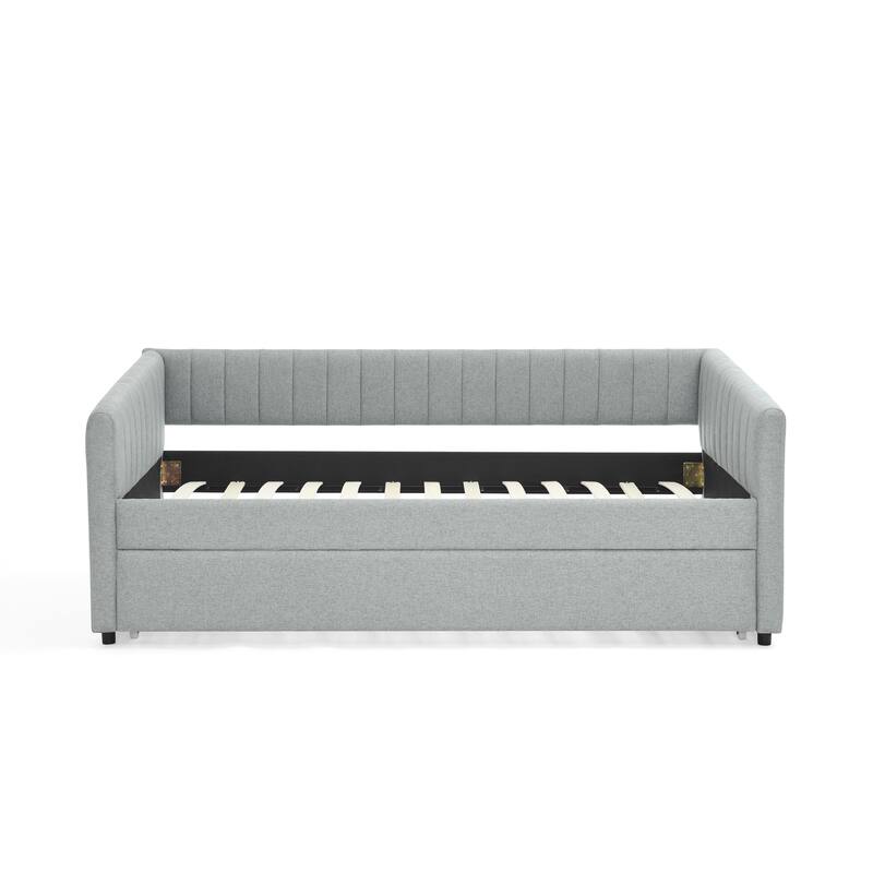 Twin Size Linen Upholstered Daybed with Trundle - Vertical Striped Sofa Bed with Foam Padding