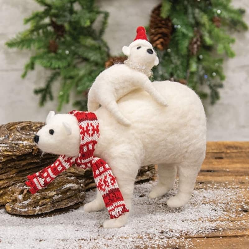 White Felt Polar Bear Mama and Cub Figurine with Festive Scarf and Santa Hat - 8 x 3.50 x 8.50 in