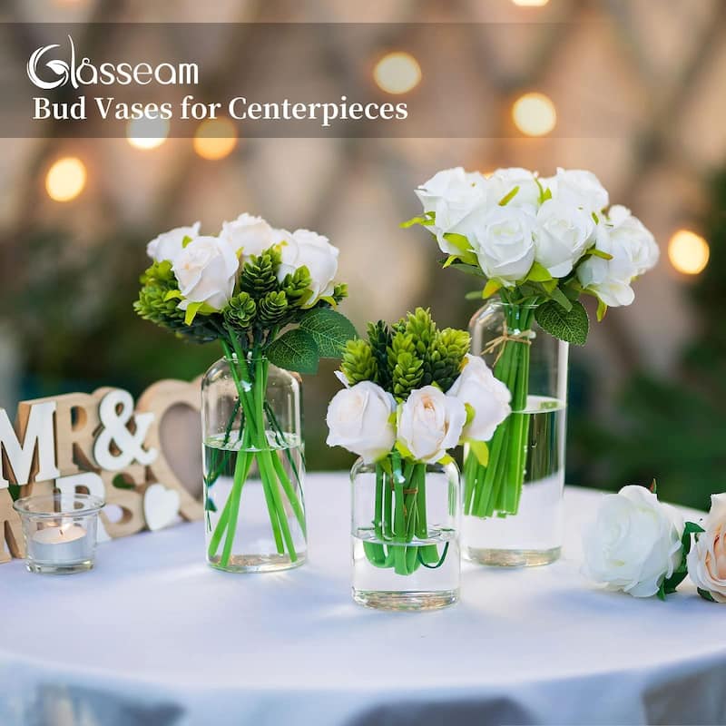 Glass Bud Vases for Centerpieces - Clear Small Flower Vase Decor Bulk Set of 12 Handmade Modern Decorative Vases