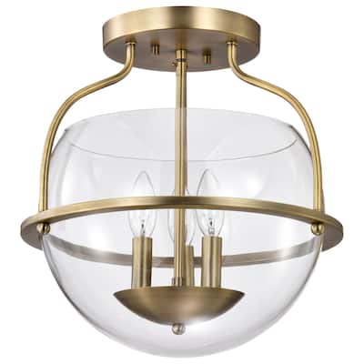 Amado 3 Light Semi Flush Mount - Vintage Brass Finish - Clear Glass - Vintage Brass