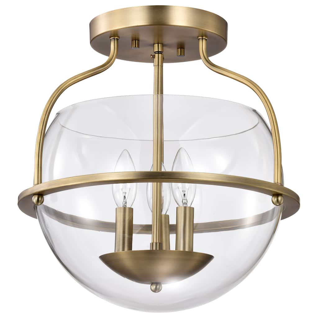 Amado 3 Light Semi Flush Mount - Vintage Brass Finish - Clear Glass - Vintage Brass