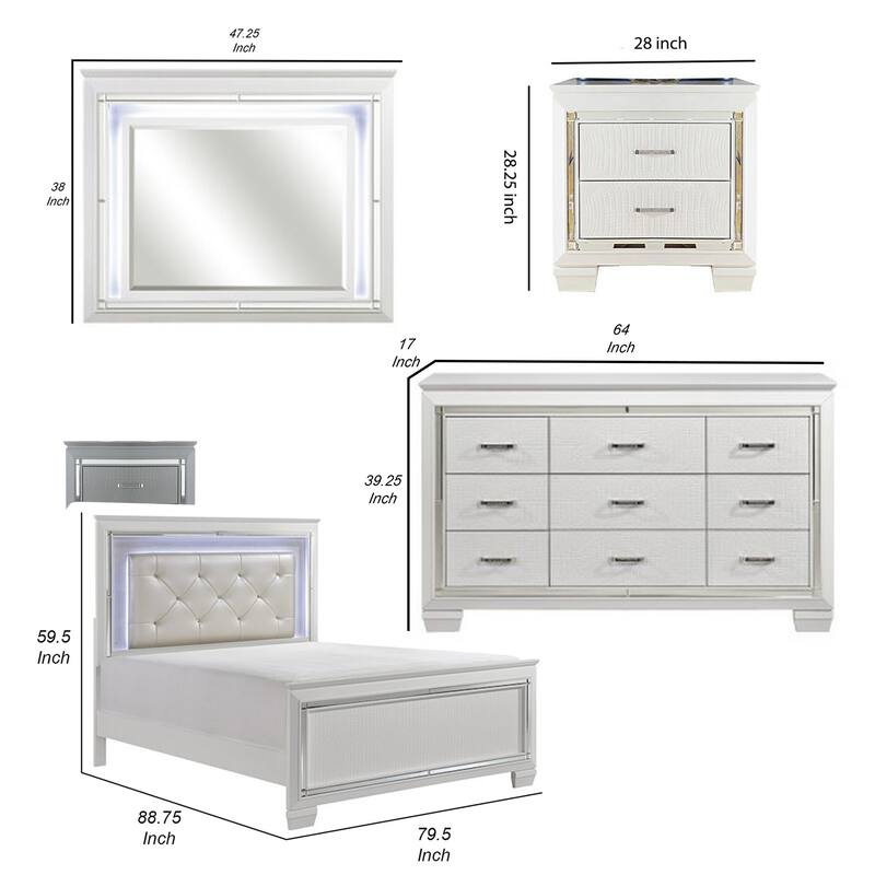 Alen 4 Pc California King Bedroom Set, Button Tufting, Mirror Trim, White