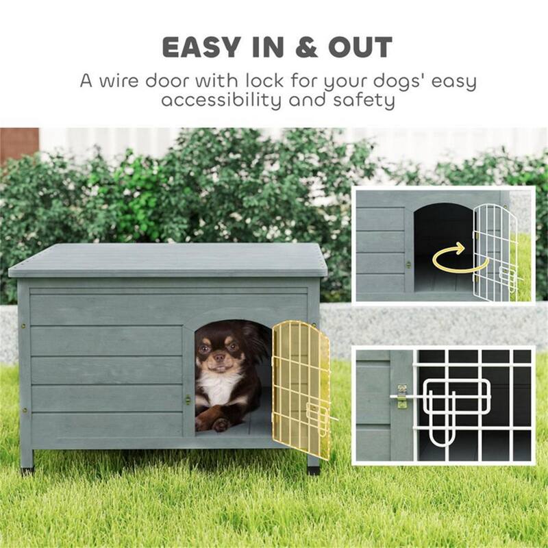 Dark Gray Fir Wood Dog Kennel House with Wire Lock Door Removable Bottom Panel