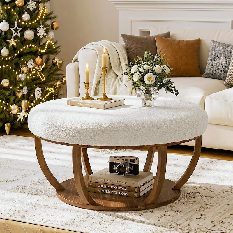 2-Tier Round Ottoman Coffee Table with Solid Wood Frame for Living Room - 31.5" L x 31.5" W x 18.1" H