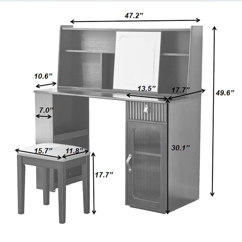 Elegant Makeup Vanity Desk with 3 Modes Adjustable Lighted Mirror, Large Shelves, Drawer and Canbinet