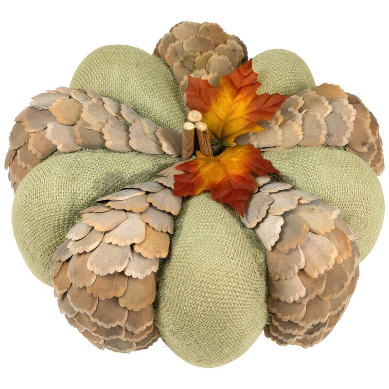 Layered Wood Petals and Burlap Fall Harvest Pumpkin - 10" - Green and Beige