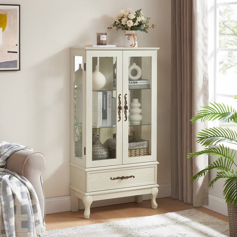 Anmytek 52 Tall Glass Display Curio Cabinet with LED Lights & Adjustable Shelves Whitewashed Farmhous