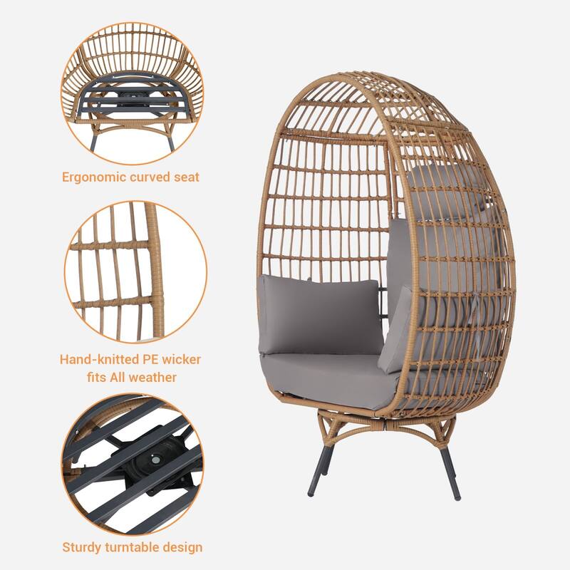 SANSTAR Patio Oversized Swivel Brown Wicker Egg Chair with Cushions