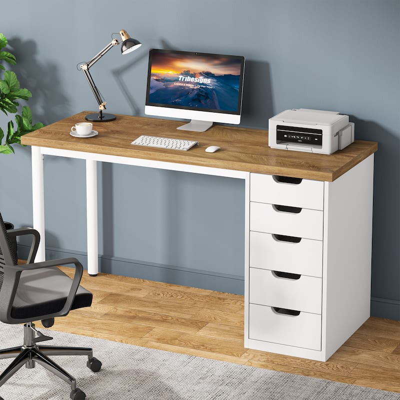 47-inch Computer Desk with 5-drawer, Wood and Metal Writing Desk for Study Living Room